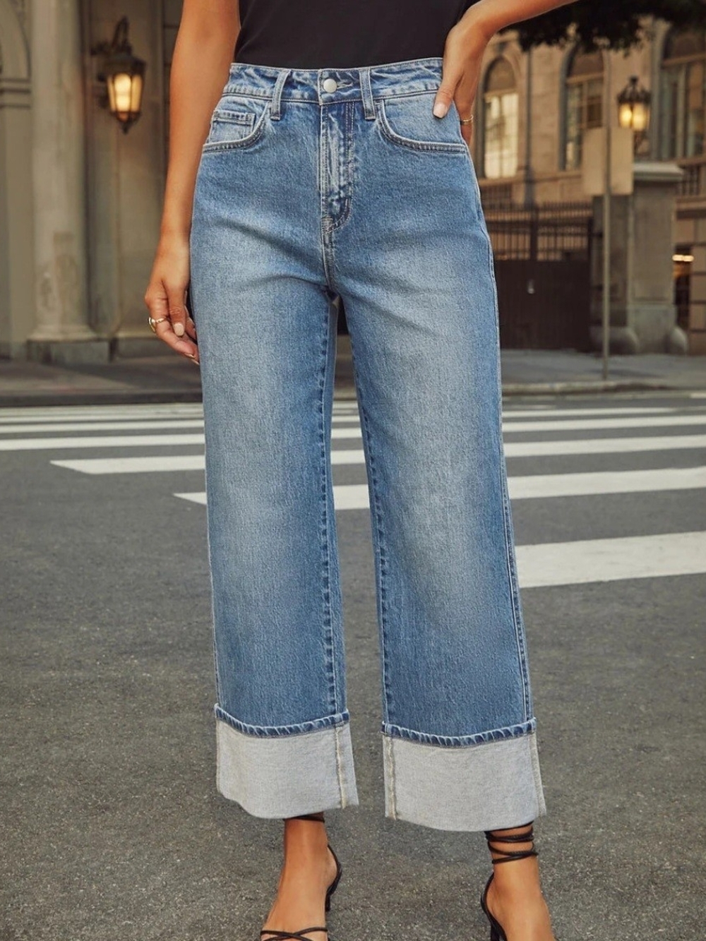 a.n.a Wide-Leg Crop Jeans in Medium Blue with Cuffed Hem